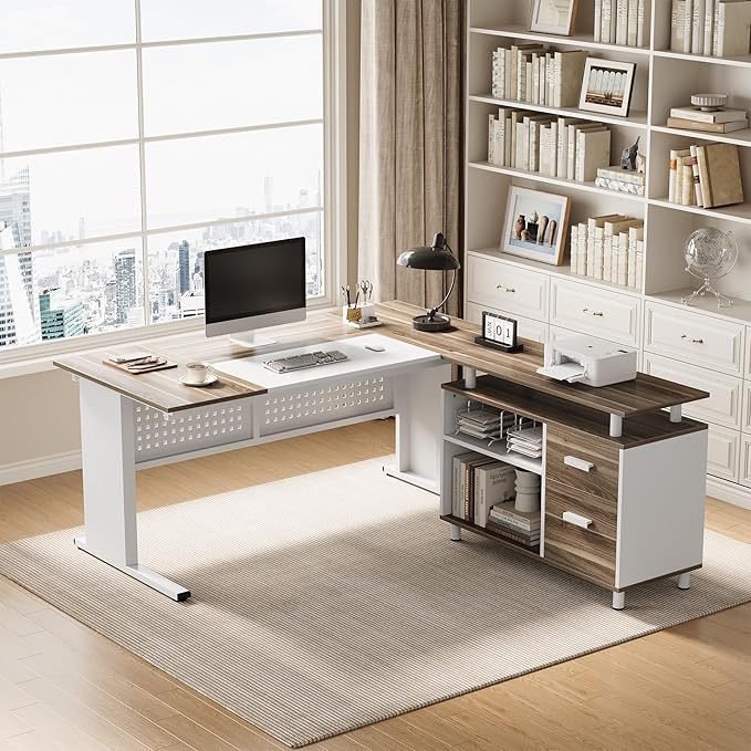 LITTLE TREE Large Computer Desk with File Cabinet, 63 Inch Executive Desk L Shaped Office Desk with Drawers and Storage Shelves, Business Furniture Desk Workstation for Home Office