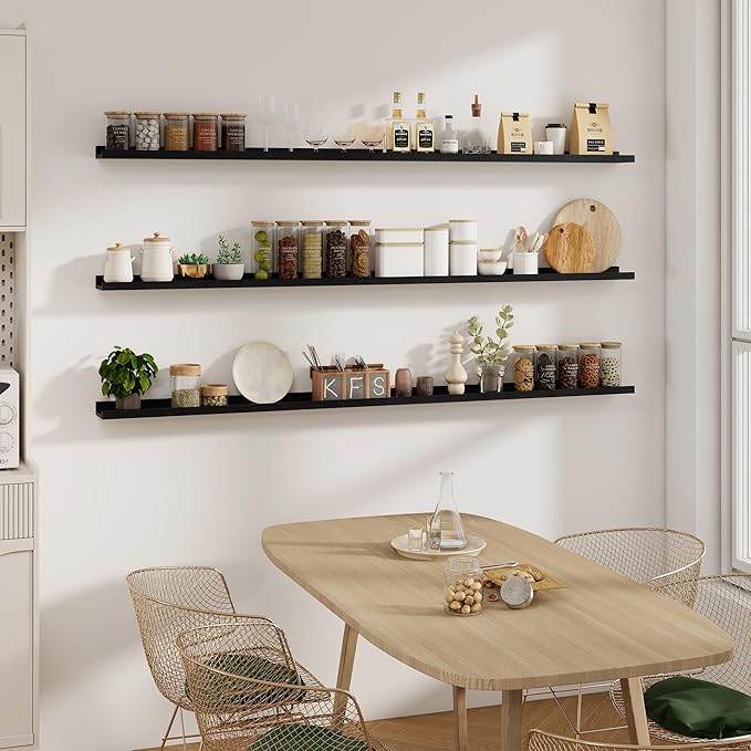 Solid Ash Wood Picture Ledge Shelf, 36 Inch Floating Shelves with Lip Set of 2, Photo Ledge Shelf Nursery Bookshelf Wall Mounted for Living Room Bedroom Decor, Black