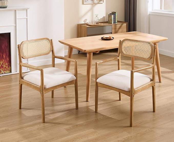 EALSON Rattan Dining Chairs with Arms Set of 2 Mid Century Dining Room Chairs with Wood Legs Linen Upholstered Kitchen Chairs Farmhouse Cane Back Arm Chairs for Living Room, Beige, Light Natural