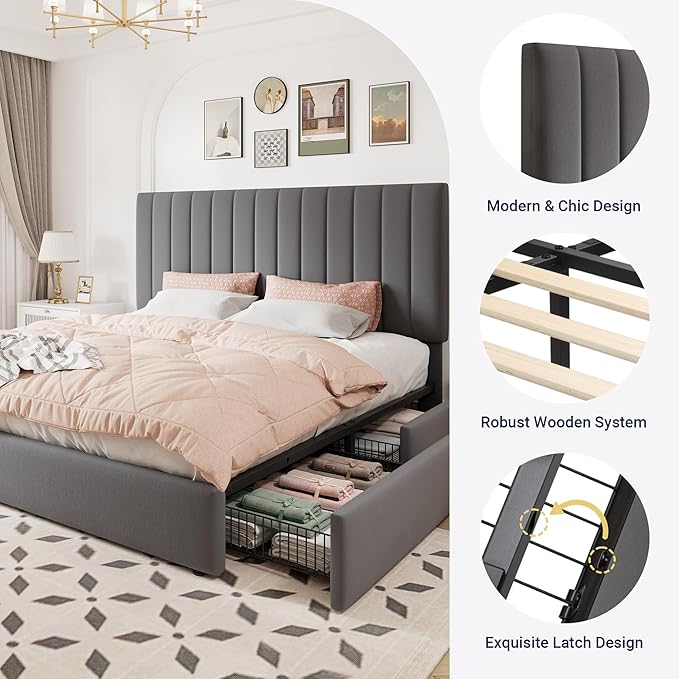 Allewie King Size Storage Bed Frame, Vertical Channel Tufted Adjustable Headboard, Velvet Upholstered Platform Bed with 4 Oversized Underbed Drawers, Wooden Slats Support, No Box Spring Needed, Grey