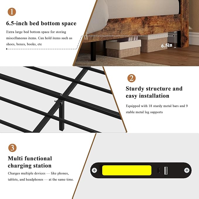 Farmhouse King Size Bed Frame with Headboard Storage Shelf, Wood Platform Bed Frame with LED Lights & Charging Station, Rustic Brown Metal Bed, No Box Spring Needed, Noise-Free Sturdy Structure