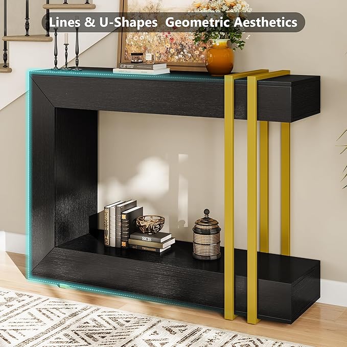42.5" Console Table Behind Couch, 2-Tier Narrow Entryway Table with Storage, Wood Sofa Tables for Hallway/Entrance/Living Room/Foyer, Black