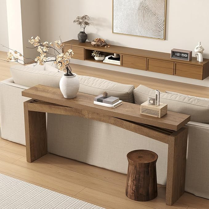 63-Inch Wood Console Table for Entryway Living Thin, Long Wooden Rectangular Sofa Tables Behind Couch, Large Farmhouse Foyer Hallway Table for Home, Living Room, Apartment, Natural Brown
