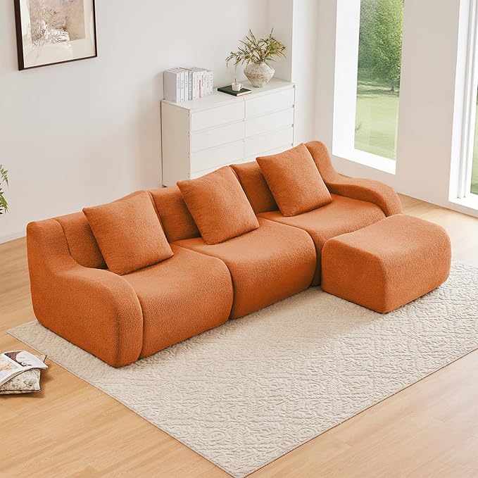 Orange L-Shaped Cloud Couch with 1 Ottoman, Modern Teddy Fabric Boneless Sectional Sofa in a Box, Modular Floor Sofa for Living Room, Deep Seat, No Assembly Required, Sofas para Sala