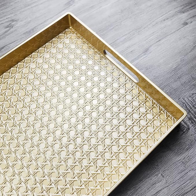 Gold Decorative Coffee Table Tray, Rectangular Plastic Serving Tray with Handles for Living Room, Ottoman, Bathroom, 15.7"*10.2"