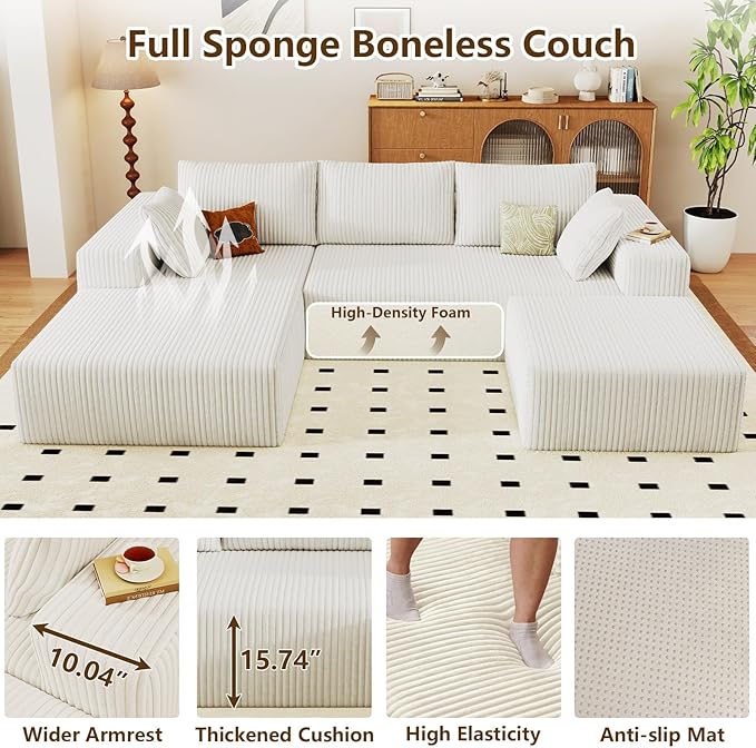 96" U-Shape Cloud Couch, Modern Modular Sectional L-Shape Sofa with Ottoman, Corduroy Upholstered Couches Deep Seat Sleeper Chaise Longue for Living Room, No Assembly Required(White, Left Facing)