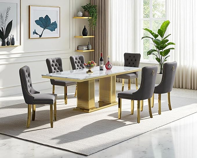 68" Faux Marble Dining Table Set for 6, 7-Piece Dining Set with White Gold Kitchen Table and 6 Velvet Tufted Chairs, Modern Rectangular Dining Room Tables with Column-Shape Stainless Steel Base