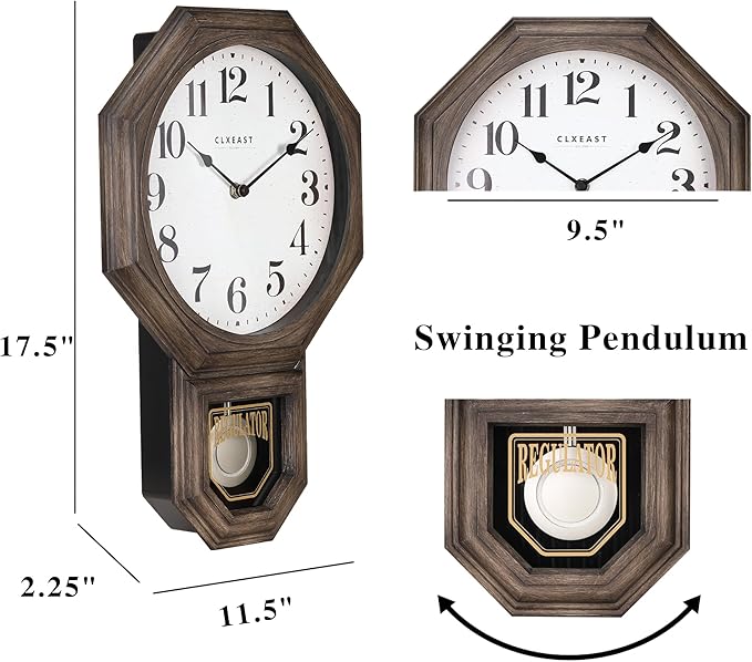 CLXEAST Pendulum Wall Clock, Large Schoolhouse Regulator Pendulum Wall Clocks for Living Room Decor,Dark Grey Oak Finished Plastic,House Warming Gifts New Home,12" W x 17.5" H