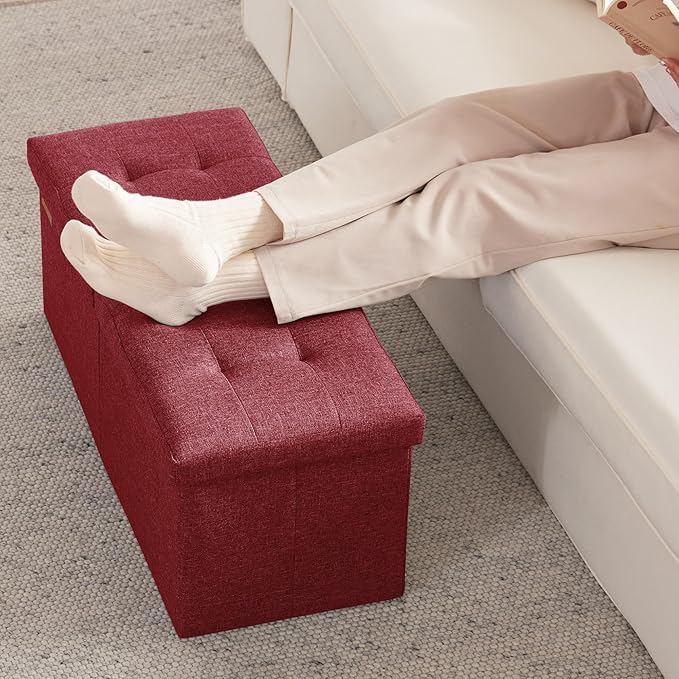 HAUSFRAU 31.5 Inches Ottoman with Storage Bench, Folding Ottoman Bench Small Foot Rest Stool, Bedroom Bench with Flipping Lid, Linen Bordeaux