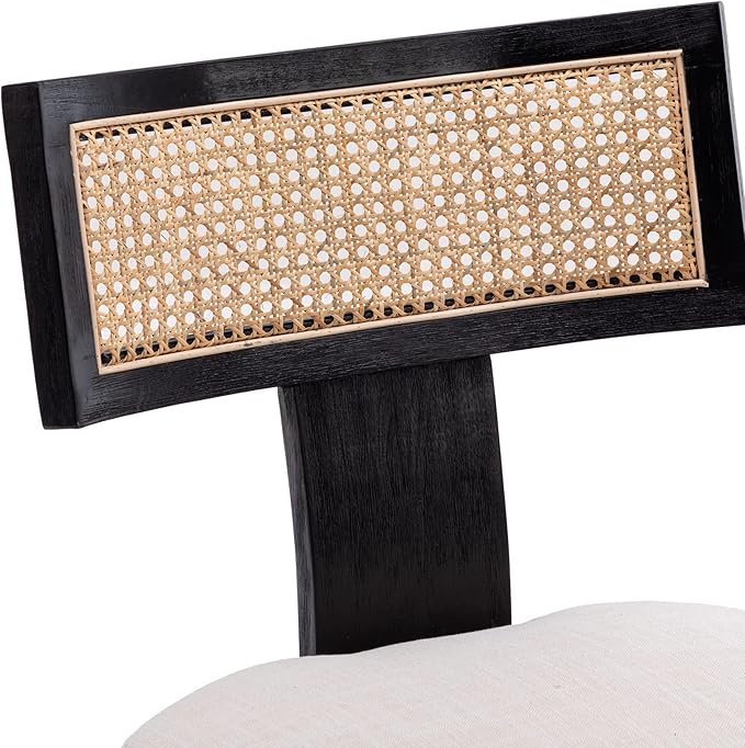 Rattan Dining Chairs Set of 2, Modern Dining Chairs Kitchen Dining Room Chair, Curved Cane Back Upholstered Linen Fabric Dining Chair with Black Wood Frame, Beige