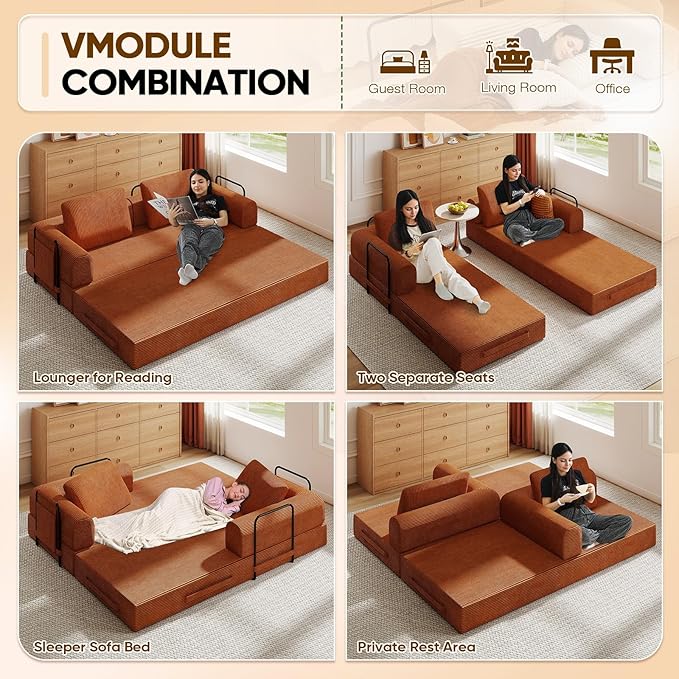 Antetek Convertible Sofa Bed, Comfy Corduroy Fluffy Love seat Sleeper Sofa, 5 in 1 Folding Couch Bed, Fold Out Floor Couch with Pillows for Bedroom, Living Room, Office, Pinstripe, Orange