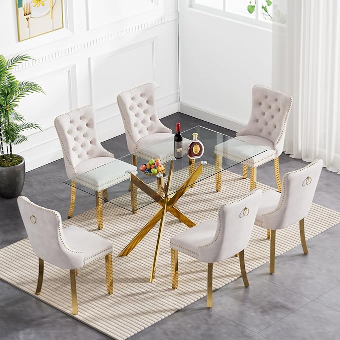Goujxcy Glass Dining Table Set for 6, Modern Kitchen Table and Chairs Set of 6, 7-Piece Kitchen Dining Room Table Set w/61 Glass Gold Dining Table and 6 Beige Velvet Upholstered Chairs