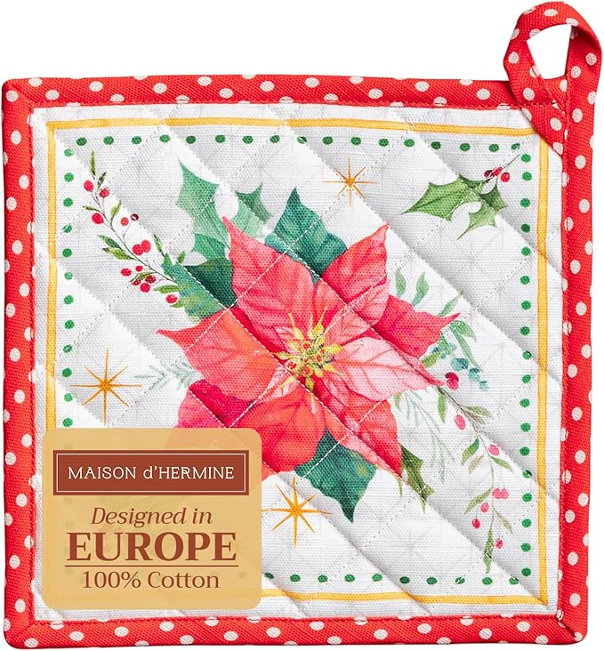 Maison d' Hermine Pot Holders 100% Cotton Heat Resistant Potholders 8" x 8" Hot Pads with Loop for Thanksgiving Christmas Decorations BBQ Cooking Handling Hot Pans (Pack of 1, Poinsettia Christmas)