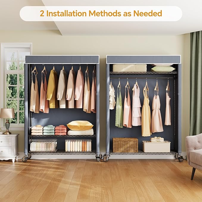 H4 Plus Rolling Clothes Rack with Cover, Heavy Duty Garment Rack, Wardrobe Closet with Wheels, Portable Closets for Hanging Clothes, Closet Organizer Storage, Black Rack with Grey Cover