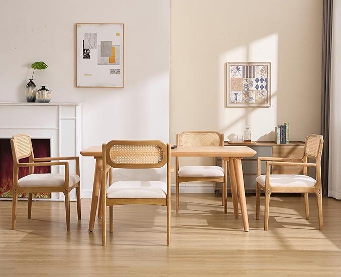 EALSON Rattan Dining Chairs with Arms Set of 4 Mid Century Dining Room Chairs with Wood Legs Linen Upholstered Kitchen Chairs Farmhouse Cane Back Arm Chair for Living Room, Beige, Light Natural
