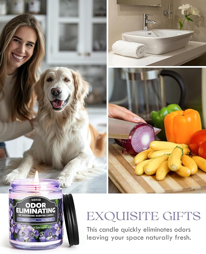 AOOVOO Violet Odor Eliminating Highly Fragranced Candle - Eliminates 95% of Pet, Smoke, Food, and Other Smells Quickly, Air Freshing Soy Candle, 9 oz