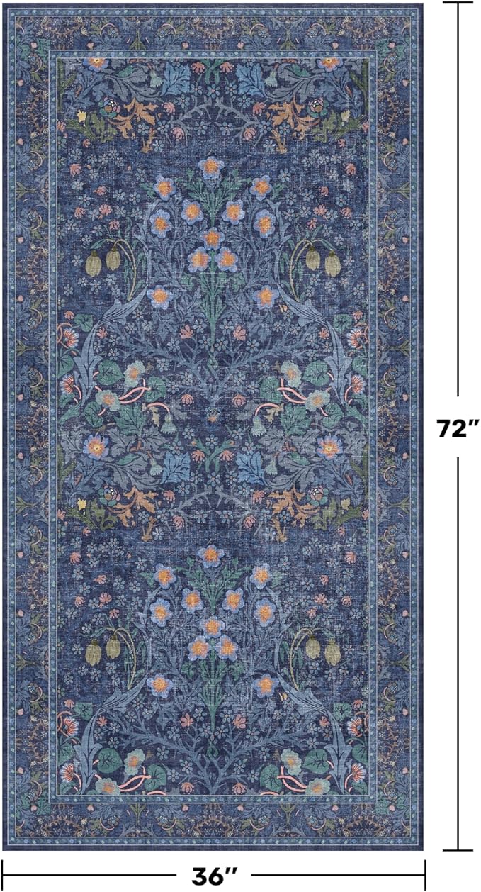 Vintage Dark Blue 3x6 Area Rugs for Large Entryway, Bedroom Beside Rug, Kitchen, Laundry Room, Non-Slip Low Pile Ultra Soft Stain Resistant Small Floral Carpet