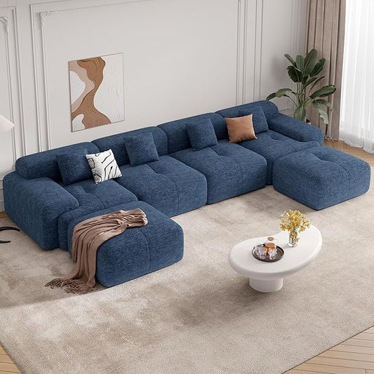 158" Modern U Shaped Modular Sectional Sofa, Boneless Couches for Living Room with Ottoman,6 Seater Convertible Chenille Cloud Couch Sofa Set, No Assembly Required, Blue 1 PCS