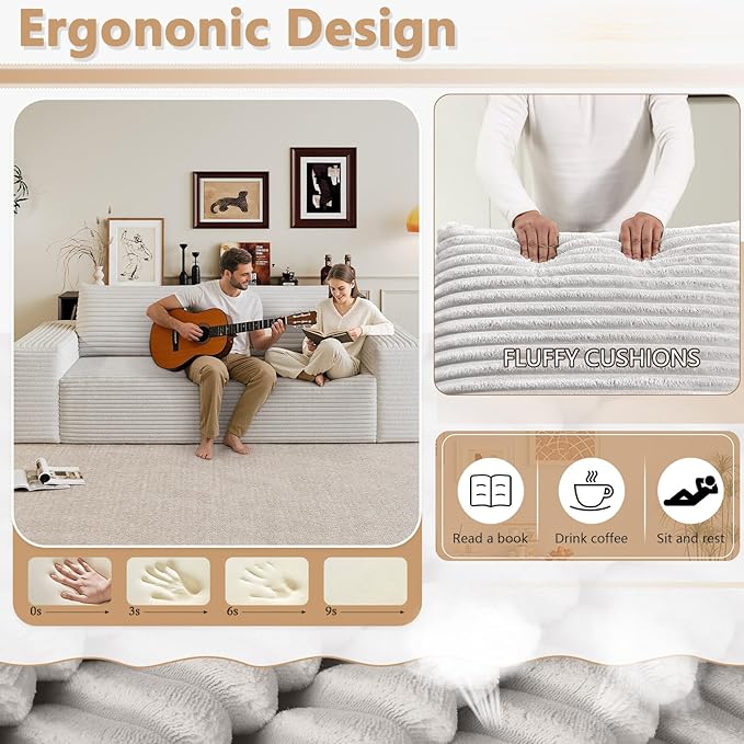 Cloud Loveseat Sofa, Modern Corduroy 2-Seater Couch with Deep Seat, No Assembly Required Memory Foam Sofa, Boneless Sofa in a Box for Bedroom, Apartment, Office,Small Space (White,70.8in)