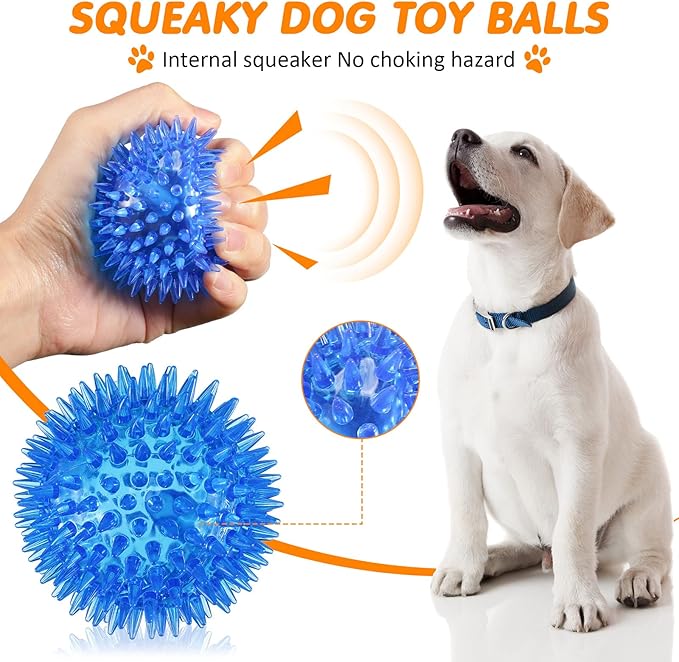 Yunsailing 24 Pack Squeaky Dog Toys Balls 2.56'' Spiky Dog Balls Floating Pool TPR Puppy Fetch Chew Toy for Small Medium Doggy Aggressive Chewers Clean Teeth Training(Blue, Green, Orange)