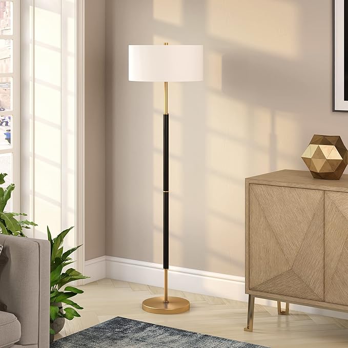 Henn&Hart 2-Light Floor Lamp with Fabric Shade in Matte Black/Brass/White, Floor Lamp for Home Office, Bedroom, Living Room, 61" Tall