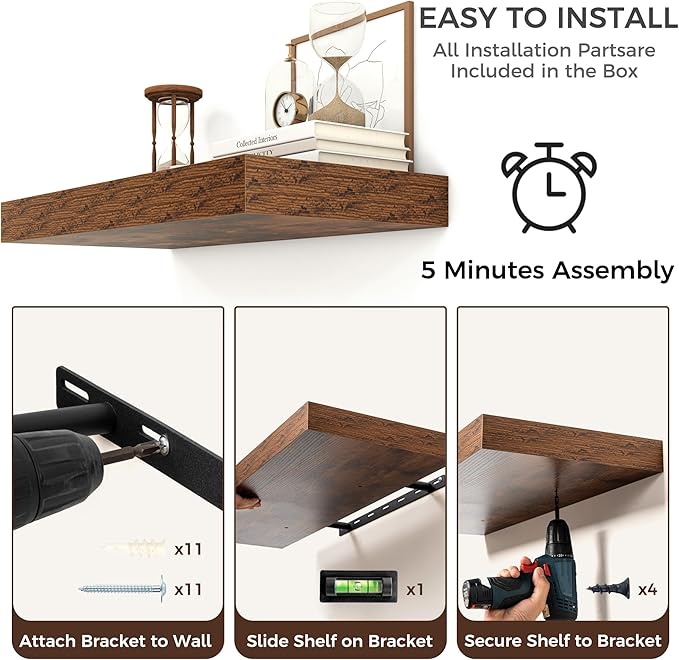 Floating Shelves for Wall, 48 Inch Wide x 12 Inch Deep Floating Shelves, Long Wood Floating Wall Shelf Shelves for Living Room Bathroom Bedroom Kitchen Home - (Brown, 48" W x 12" D x 2" H)