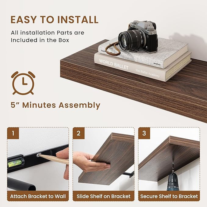 fuqing Floating Shelves for Wall, Wall Mounted Wood Floating Shelf with Invisible Brackets for Living Room, Bathroom, Bedroom, Kitchen Storage and Decor, 30 Inch Set of 2, Walnut