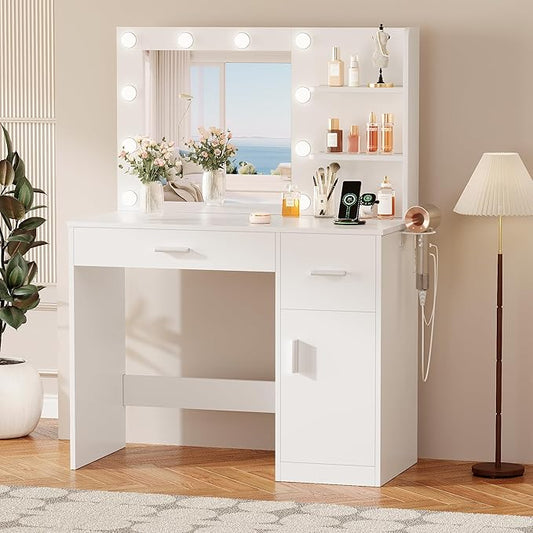 YESHOMY Vanity Desk with Mirror, 10 Lights, Power Outlet and 3 Storage Shelves, Makeup Table with 2 Drawers & 1 Cabinet, 3 Color Modes, for Bedroom, White