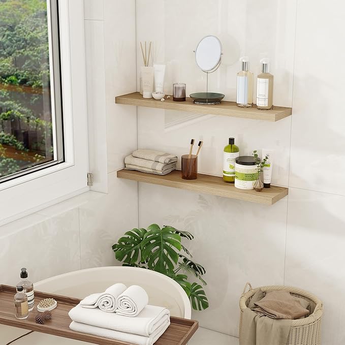Fun Memories Floating Shelves for Wall, 30" Rustic Wood Deep Wall Mounted Shelves with Invisible Brackets for Decor & Storage, Floating Shelf for Living Room, Bathroom (Oak, Set of 2)