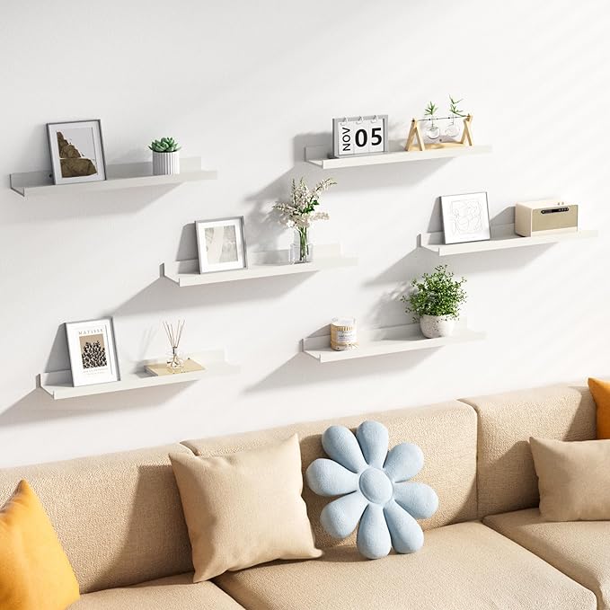 upsimples Floating Shelves for Wall, 23.6 Inch Shelves for Decor Storage Set of 6, Wall Mounted Wood Shelf for Bedroom, Living Room, Bathroom, Kitchen, Long Picture Ledge Shelves, White