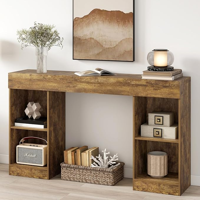 55 Inches Console Table,4 Cubes Narrow Entryway Table,3 Tier Wood Behind Couch Sofa Table,TV Console with Storage for Living Room,Hallway,Entrance,Foyer (Bright Brown)