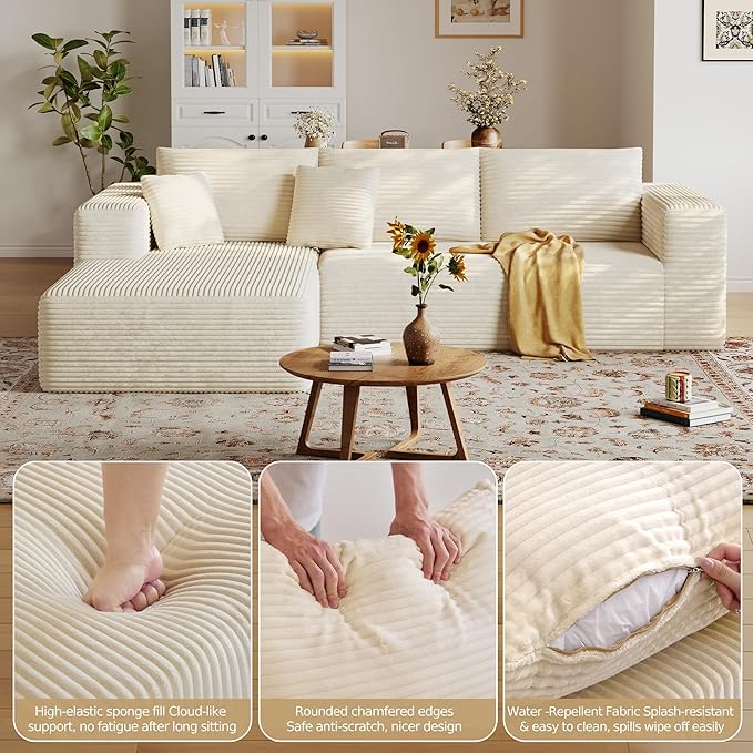 108'' Modular Sectional L-Shaped with Chair,Deep Seat Boneless Corner Couch for Living Room,Plush Corduroy Couch with Detachable Sofa Set,No Assembly (Left Facing Chaise,Beige)