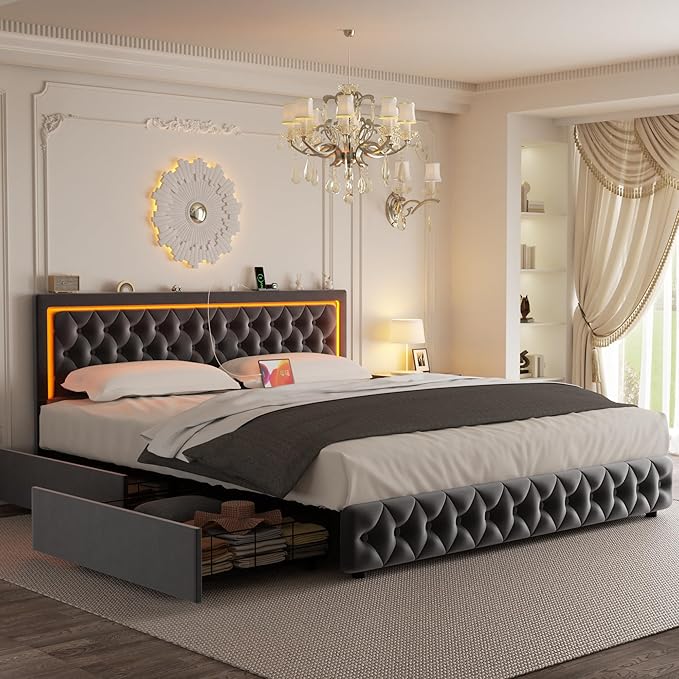Full Bed Frame with 4 Storage Drawers, Velvet Upholstered Bed Frame Full Size with Charging Station and LED Lights, 46" Adjustable Button Tufted Headboard, No Box Spring Needed, Grey