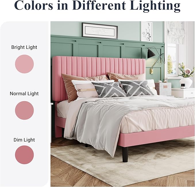 Allewie King Bed Frame, Velvet Upholstered Platform Bed with Adjustable Vertical Channel Tufted Headboard, Mattress Foundation with Strong Wooden Slats, Box Spring Optional, Easy Assembly, Pink