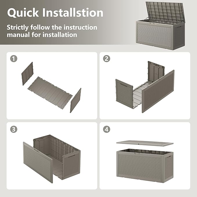 Outdoor Storage Box, Resin Deck Boxes Indoor and outdoor, Waterproof Storage Box Lockable Lid (Grey, 100 Gallon)