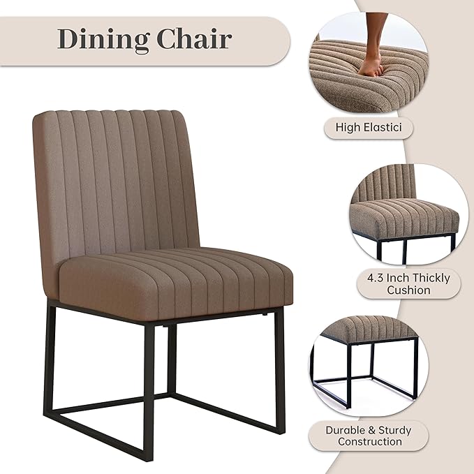 VKNOW Upholstered Dining Chairs Set of 6, Modern Dining Room Chairs with Stripe, Linen Kitchen Chair Dinner Chair with Black Metal Base for Kitchen Office, Brown