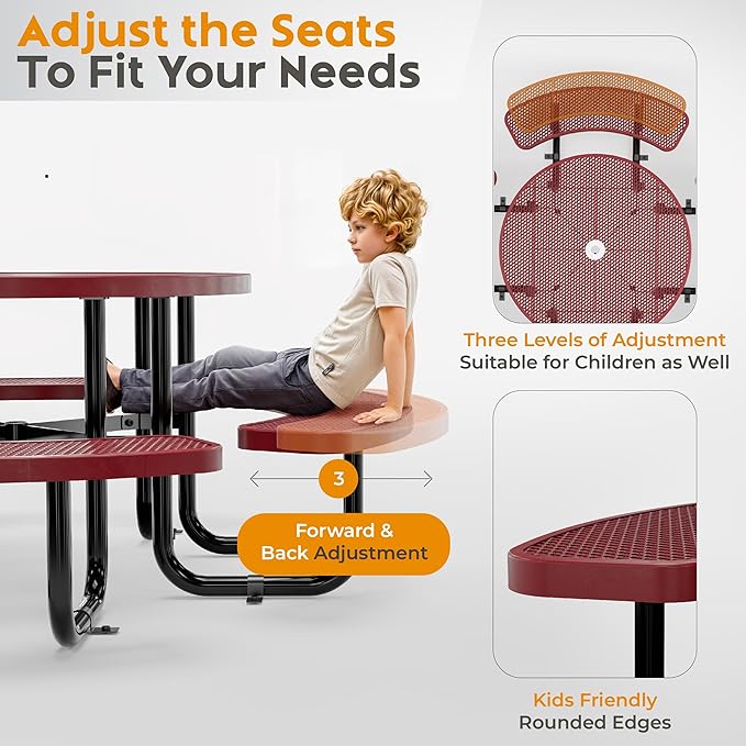 Metal Picnic Tables for Outdoors with Umbrella Hole - Coated Steel Heavy Duty Commercial Grade Furniture Set with Adjustable Seats (Red, 46 in, Round, Expanded Steel)