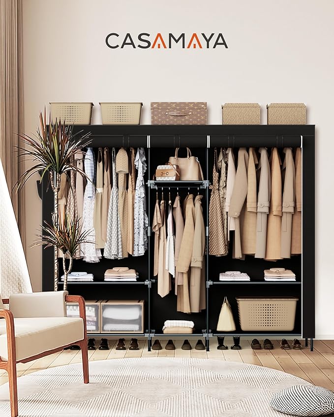 Portable Closet, 77.6 Inch Extra Large Capacity Wardrobe Closet with Cover, Clothes Storage Organizer with Shelves and 3 Hanging Rods, Easy to Assembly, Black PCT223B01