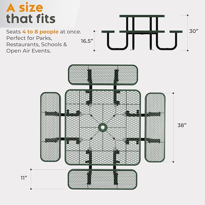 Metal Picnic Tables for Outdoors with Umbrella Hole - Coated Steel Heavy Duty Commercial Grade Furniture with Adjustable Seats (Green, 38 in, Square)