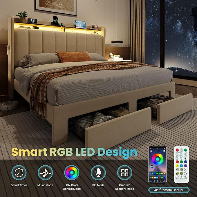 SHA CERLIN Full Size Platform Bed Frame with Vertical Channel Tufted Wingback Headboard & 2 Storage Drawers/2-Tier Shelves with LED Lights & Charging Station/Noise-Free/No Box Spring Needed/Beige