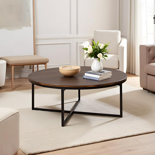 Alaterre Furniture Arcadia 42-Inch Round Acacia Wood Coffee Table – Industrial Living Room Table with Antiqued Mocha Finish and Metal Sled Legs – Ideal Centerpiece for Sectionals and Sofas