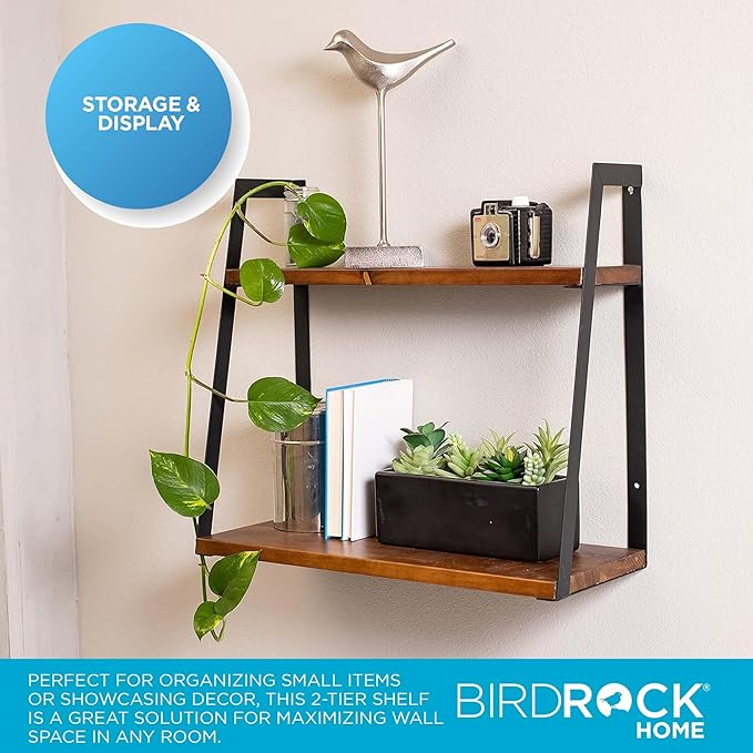 BIRDROCK HOME 2-Tiered Wall Shelf - Wood Metal Floating Wall Shelves - Home Decor - Decorative Hanging Shelves - Rustic Farmhouse - Bathroom Bedroom Living Room