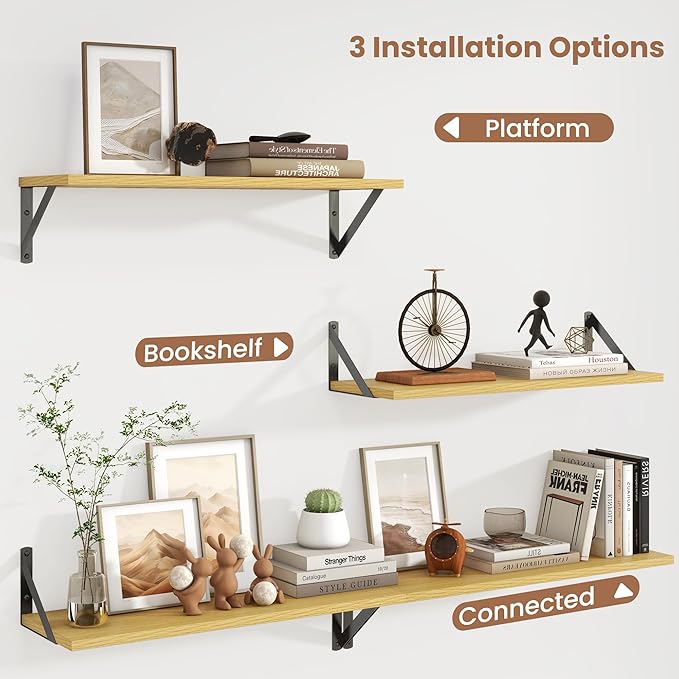 Axeman 24 Inch Floating Shelves | 8 Inch Deep Oak Wall Shelves Set of 2 | 24W x 8D Rustic Wood Shelves for Bookshelf Living Room Bedroom Home Office Bathroom