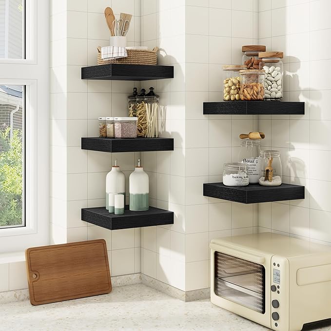 fuqing Floating Shelves for Wall, Wall Mounted Wood Floating Shelf with Invisible Brackets for Living Room, Bathroom, Bedroom, Kitchen Storage and Decor,6.5 Inch Set of 3, Black