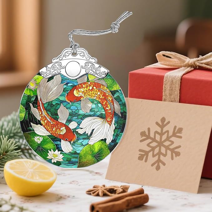 Koi Fish Stained Glass Ornament - Christmas Decorations for Tree | Christmas Ornaments | Koi Fish Art Decor – Holiday Party Gifts | Xmas Gifts | Gift Exchange | Gift Idea
