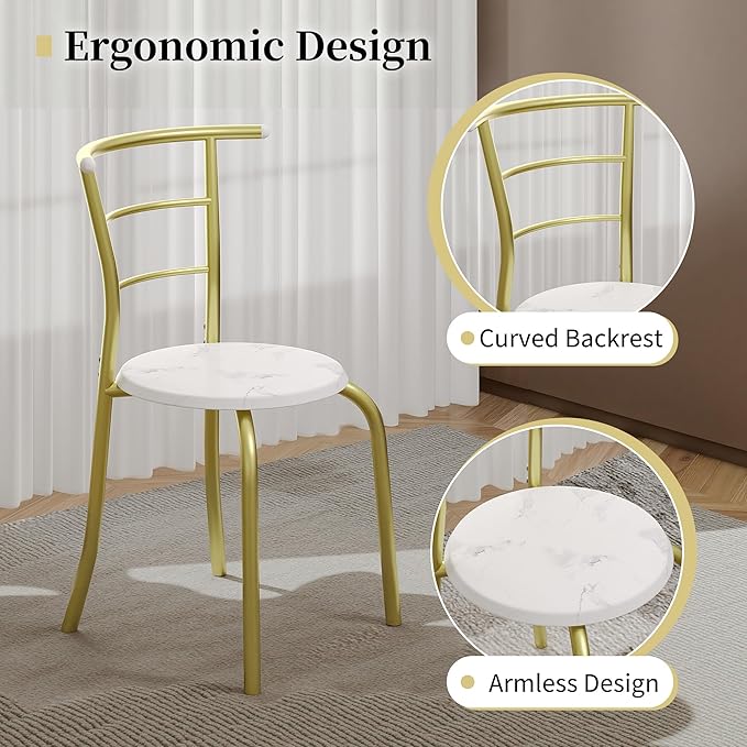 VECELO 3-Piece Dining Table Set for Kitchen Breakfast Nook, Wood Grain Oval Tabletop and Metal Frame with Built-in Wine Rack, for Small Spaces, White & Gold