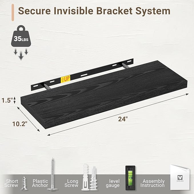 Vivelove 24 Inches Floating Shelves Wall Mounted, 10" Deep Wall Shelves for Bedroom, Bathroom, Living Room, Kitchen, Office, Home Decor, Modern Shelf, Set of 2, Black, 24x10.2x1.5