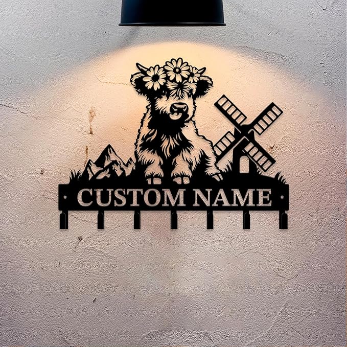 Personalized Highland Cow Metal Keys Hooks,Custom Name Metal Highland Cow Keys Hooks,Black Metal Highland Cow Wall Home Storage Decorative Keys Hooks,Key Holder Hooks for Wall (Style E)