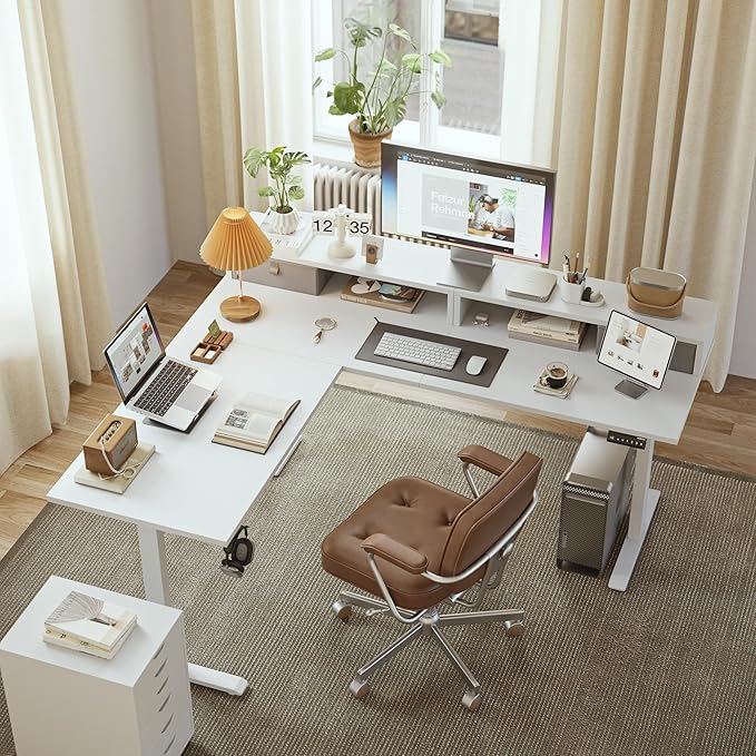 Agilestic L Shaped Electric Standing Desk with 2 Drawers, 63 Inch Ergonomic Adjustable Height Desk with Storage, Corner Desk Sit Stand up Computer Table for Work Office Home, White