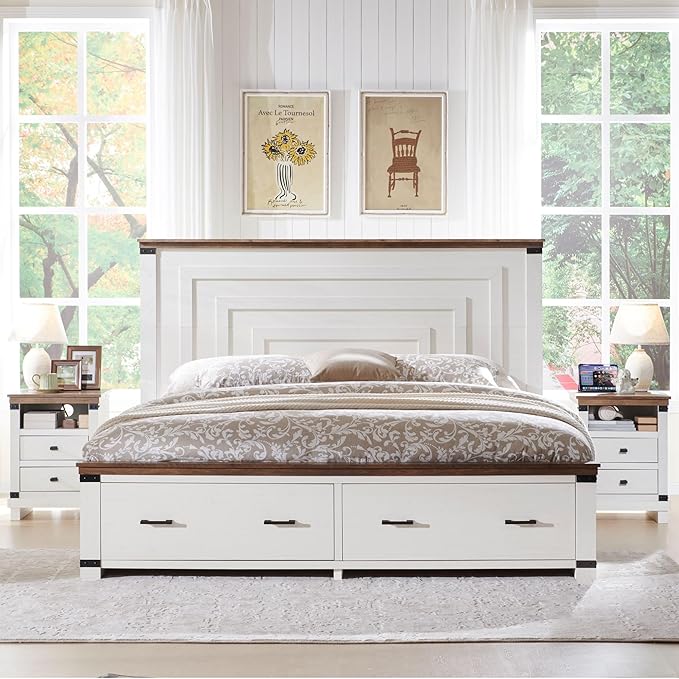 T4TREAM Farmhouse King Size Bed Frame with 54" Tall Geometric Headboard & 2 Large Storage Drawers, Rustic Wood Platform Bed with Wood Slats Support, No Box Spring Needed, Antique White